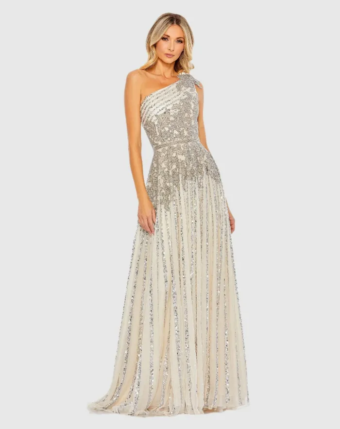 Evening Gowns Mac Duggal Women Silver Beaded Embellished One Shoulder A Line Gown Silver Nude Evening Gowns Mac Duggal Women Silver Beaded Embellished One Shoulder A Line Gown Silver Nude