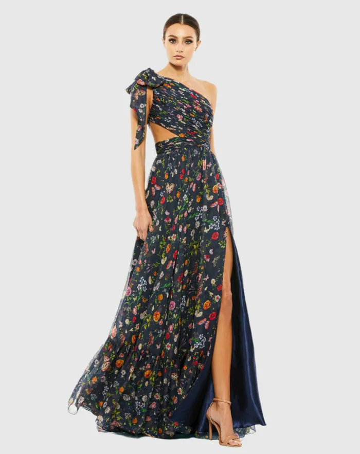 Evening Gowns Women Mac Duggal Blue Tied One Shoulder CutOut Flowy Gown NavyMulti Evening Gowns Women Mac Duggal Blue Tied One Shoulder CutOut Flowy Gown NavyMulti