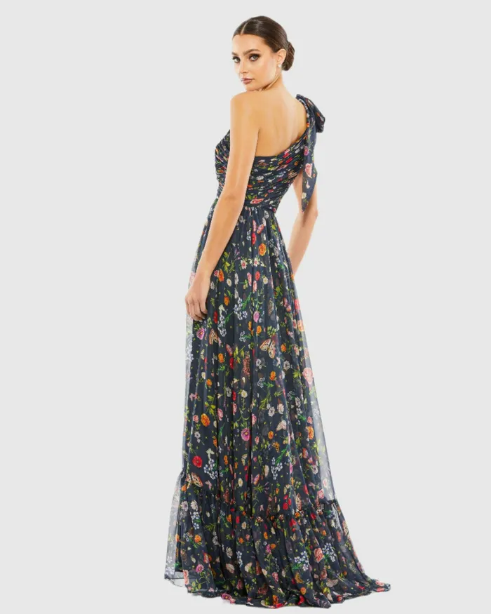 Evening Gowns Women Mac Duggal Blue Tied One Shoulder CutOut Flowy Gown NavyMulti