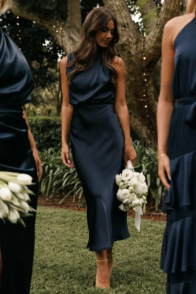 Event Dresses Women Petal and Pup Anabelle Halter Neck Midi Dress Navy