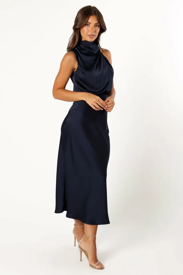 Event Dresses Women Petal and Pup Anabelle Halter Neck Midi Dress Navy