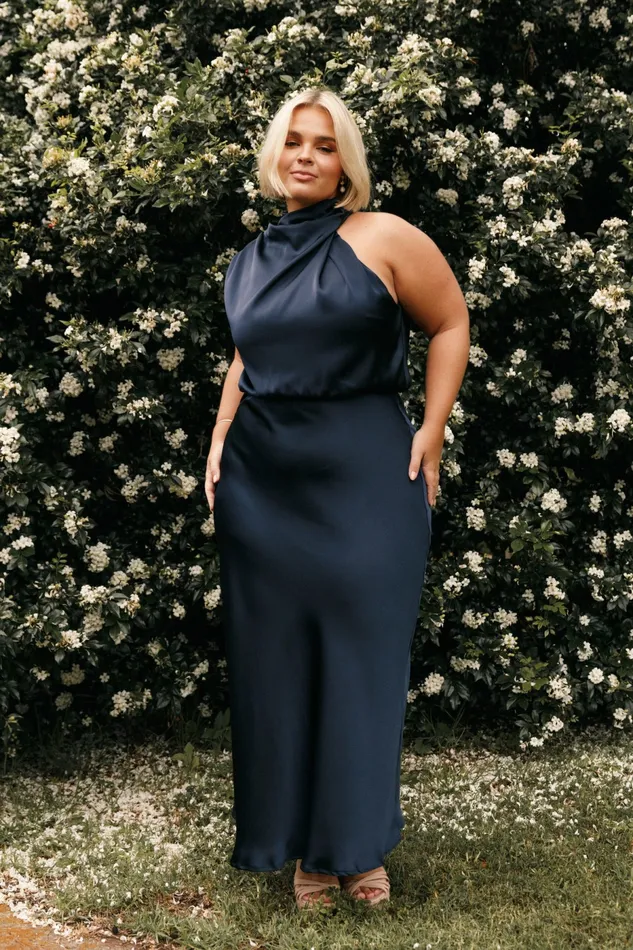 Event Dresses Women Petal and Pup Anabelle Halter Neck Midi Dress Navy
