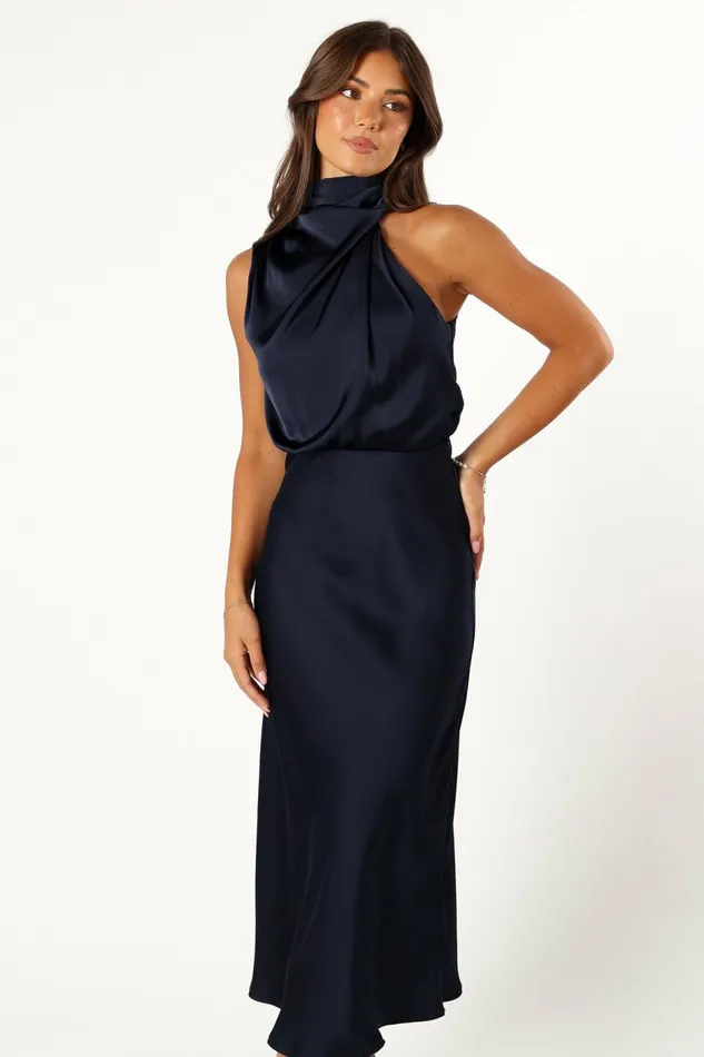 Event Dresses Women Petal and Pup Anabelle Halter Neck Midi Dress Navy