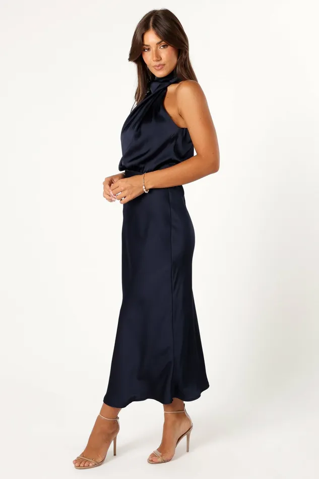 Event Dresses Women Petal and Pup Anabelle Halter Neck Midi Dress Navy