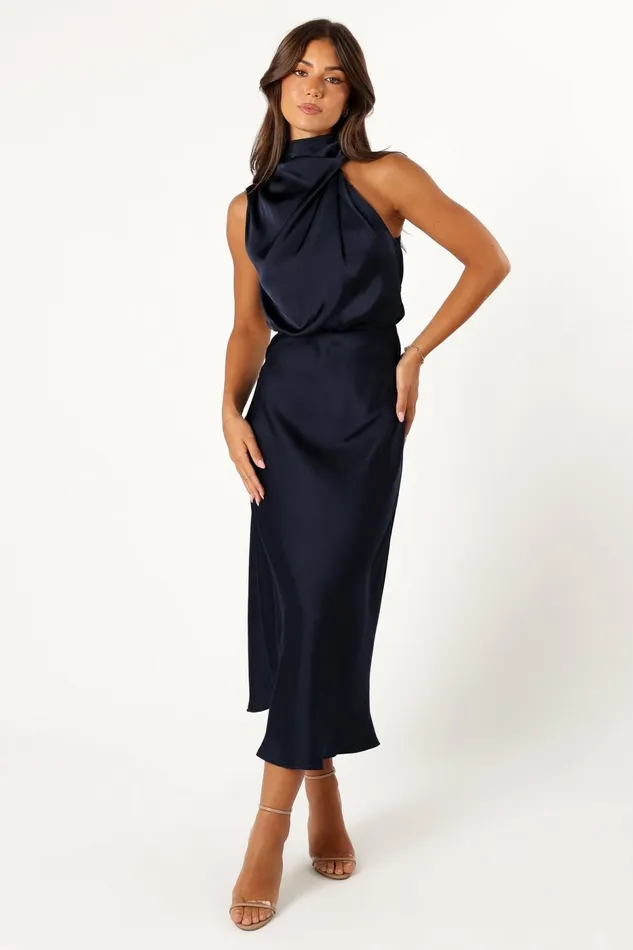 Event Dresses Women Petal and Pup Anabelle Halter Neck Midi Dress Navy