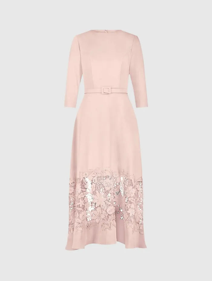 Every Day Dresses Crepe Boat Neck Midi Dress With Applique Cut Out Blush 8211 Mac Duggal Women
