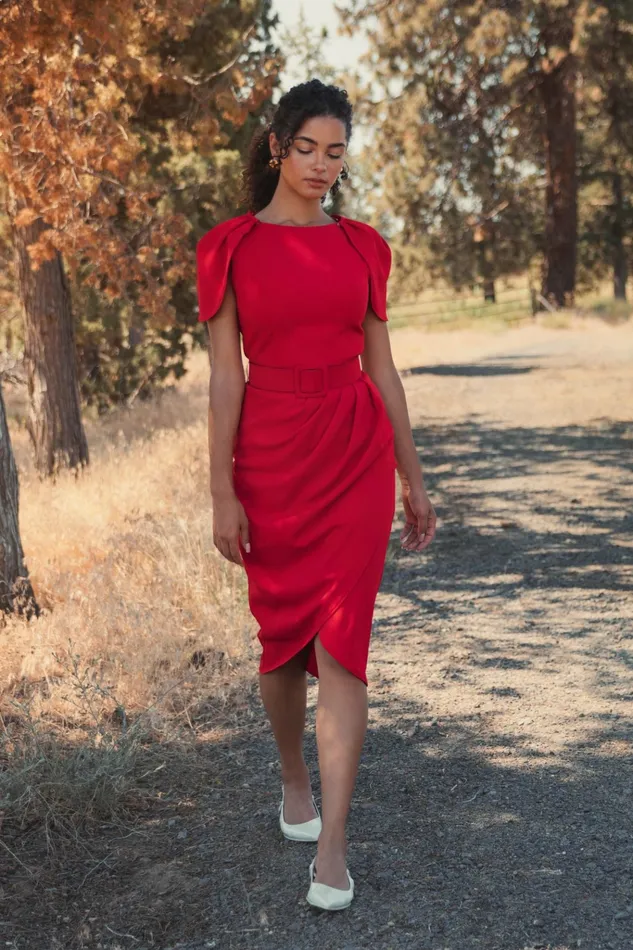 Every Day Dresses Crepe Boat Neck Midi Tulip Dress With Belt Cherry 8211 Mac Duggal Women