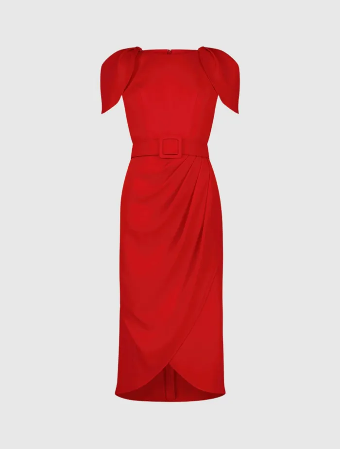 Every Day Dresses Crepe Boat Neck Midi Tulip Dress With Belt Cherry 8211 Mac Duggal Women
