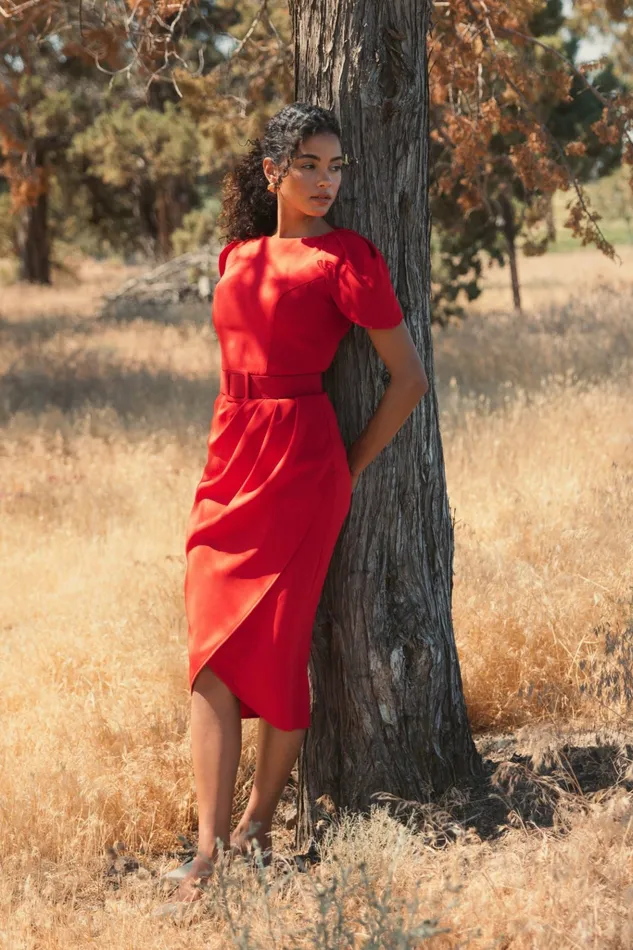 Every Day Dresses Crepe Boat Neck Midi Tulip Dress With Belt Cherry 8211 Mac Duggal Women