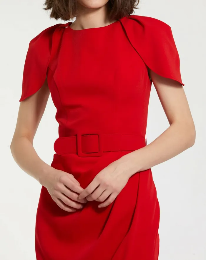 Every Day Dresses Crepe Boat Neck Midi Tulip Dress With Belt Cherry 8211 Mac Duggal Women