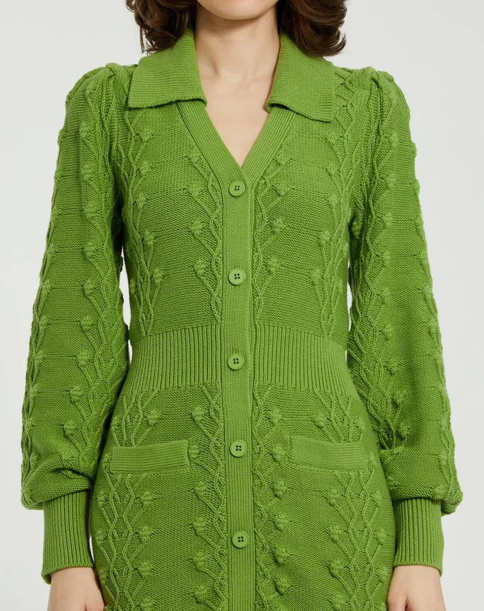 Every Day Dresses Mac Duggal Women Long Sleeve Button Up Collared Bobble Knit Sweater Dress Pear