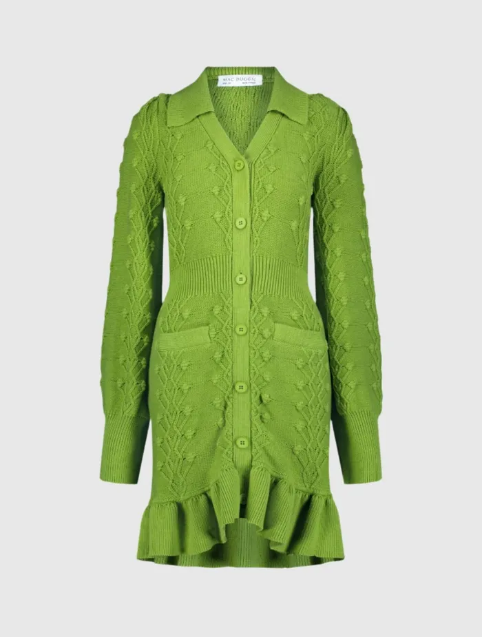 Every Day Dresses Mac Duggal Women Long Sleeve Button Up Collared Bobble Knit Sweater Dress Pear