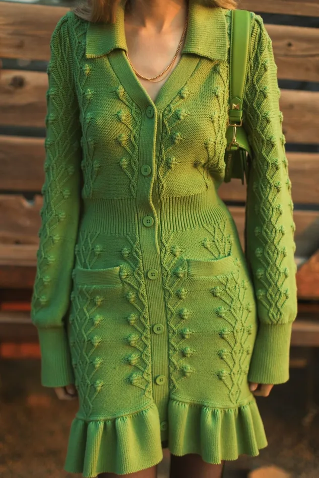 Every Day Dresses Mac Duggal Women Long Sleeve Button Up Collared Bobble Knit Sweater Dress Pear