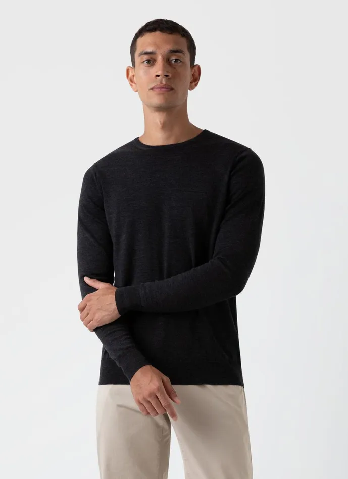 ExtraFine Merino Crew Neck Charcoal Melange Men SUNSPEL Knitwear