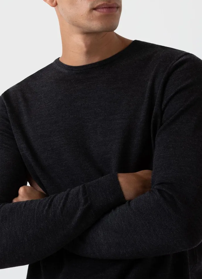 ExtraFine Merino Crew Neck Charcoal Melange Men SUNSPEL Knitwear
