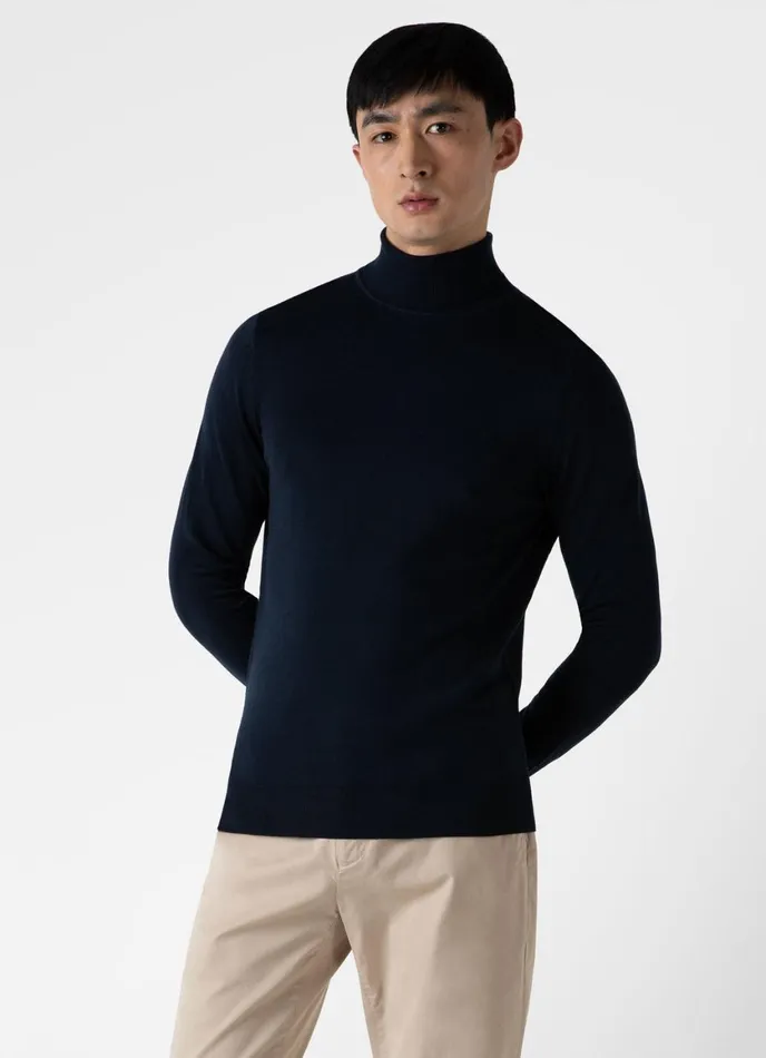 ExtraFine Merino Roll Neck Light Navy Men SUNSPEL Knitwear