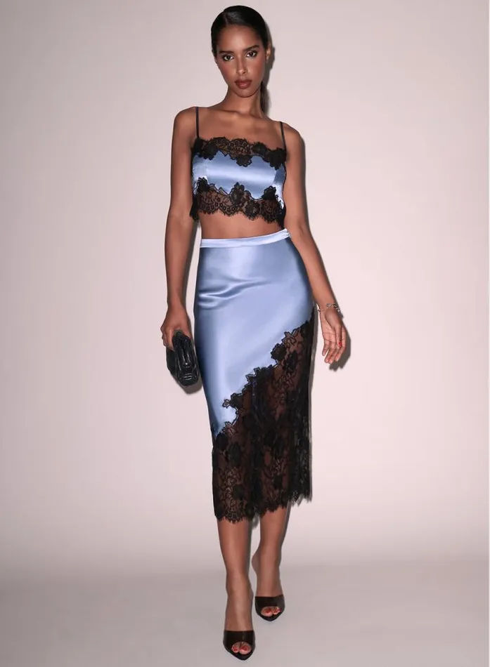 Fleur Du Mal Bottoms Silk and Lace Scallop Midi Skirt Denim Blue 8211 Women