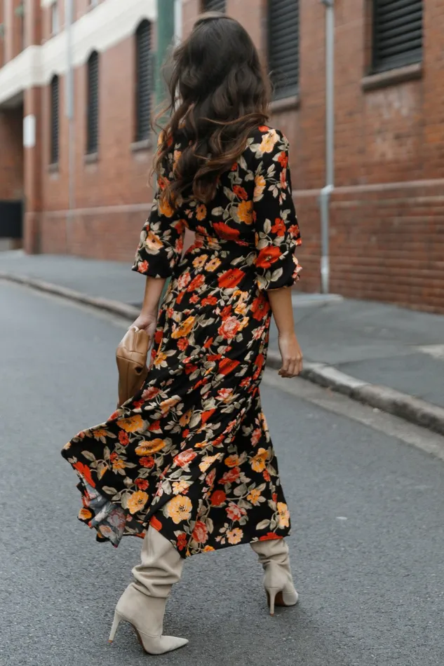 Floral Dresses Women Ruana Maxi Dress Black Floral Petal and Pup