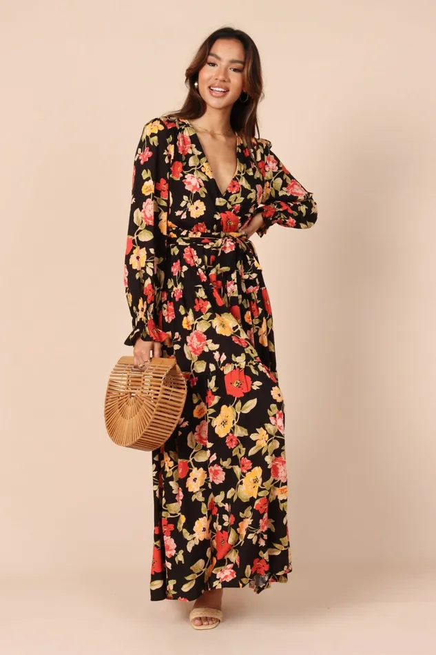 Floral Dresses Women Ruana Maxi Dress Black Floral Petal and Pup
