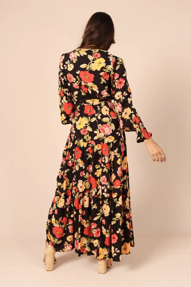 Floral Dresses Women Ruana Maxi Dress Black Floral Petal and Pup