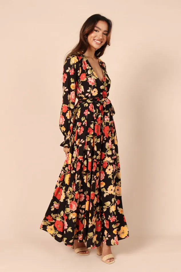 Floral Dresses Women Ruana Maxi Dress Black Floral Petal and Pup