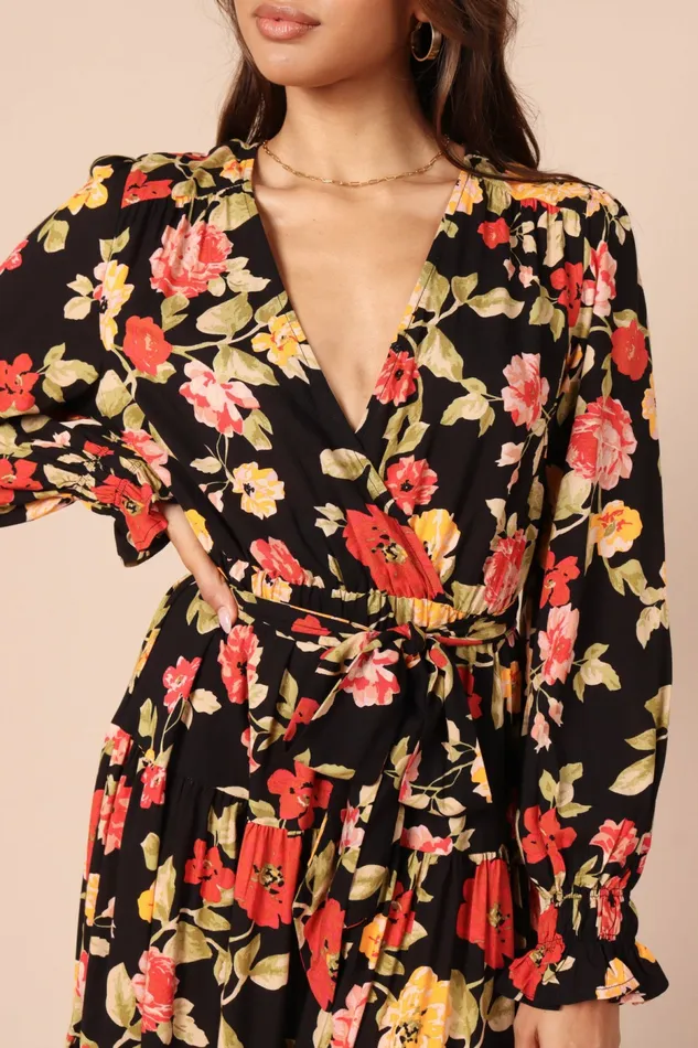 Floral Dresses Women Ruana Maxi Dress Black Floral Petal and Pup