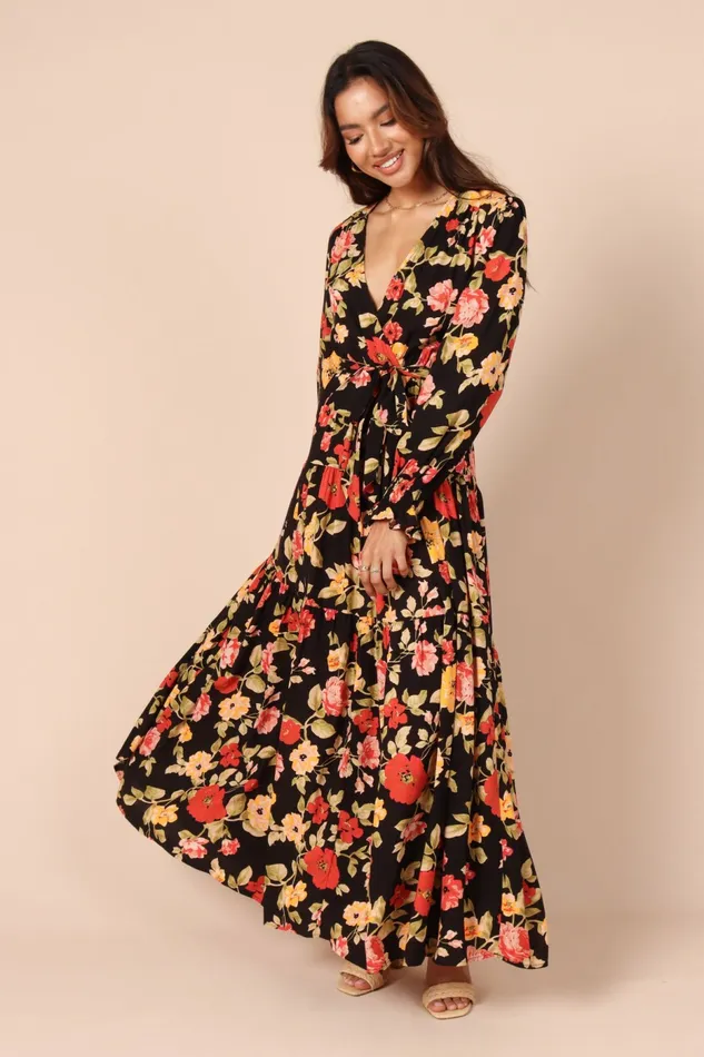 Floral Dresses Women Ruana Maxi Dress Black Floral Petal and Pup