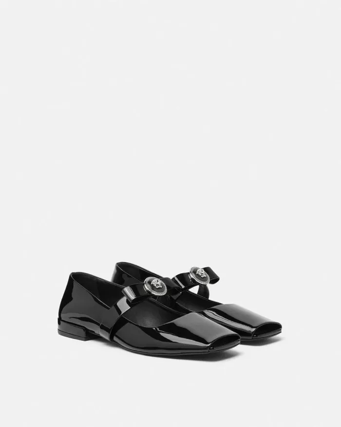 Gianni Ribbon Open Patent Ballerinas Blacksilver Women Versace Loafers and Flats