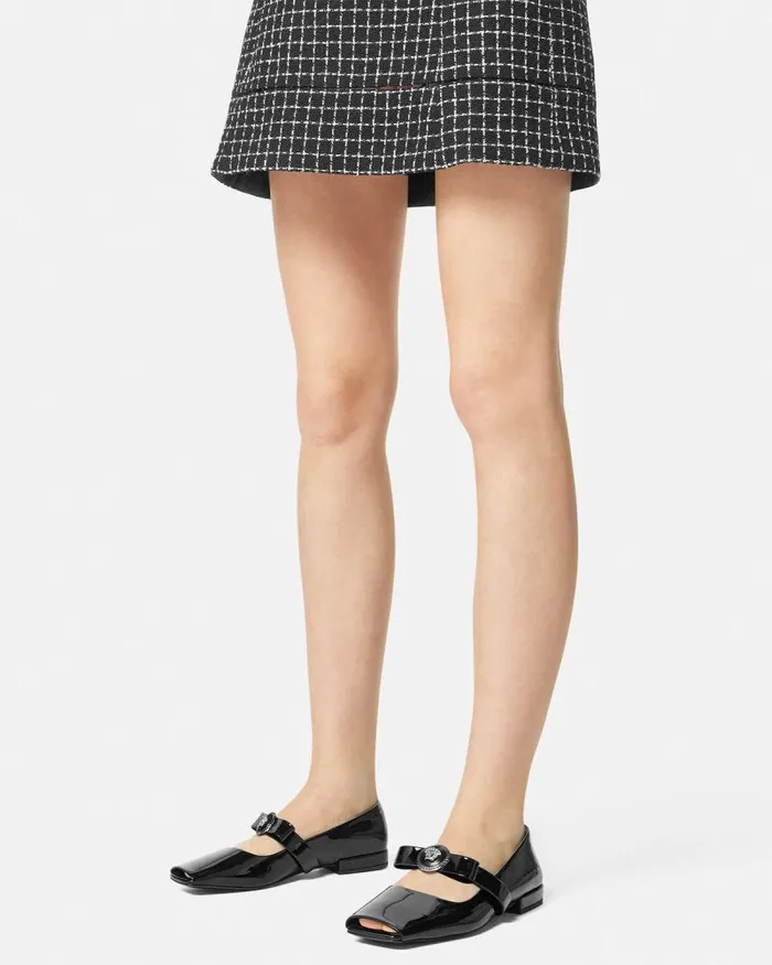 Gianni Ribbon Open Patent Ballerinas Blacksilver Women Versace Loafers and Flats