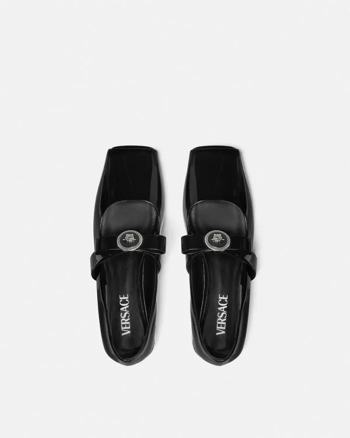 Gianni Ribbon Open Patent Ballerinas Blacksilver Women Versace Loafers and Flats