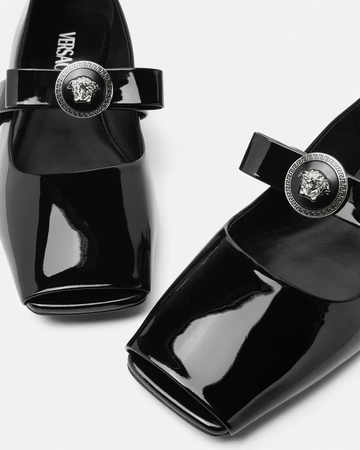 Gianni Ribbon Open Patent Ballerinas Blacksilver Women Versace Loafers and Flats