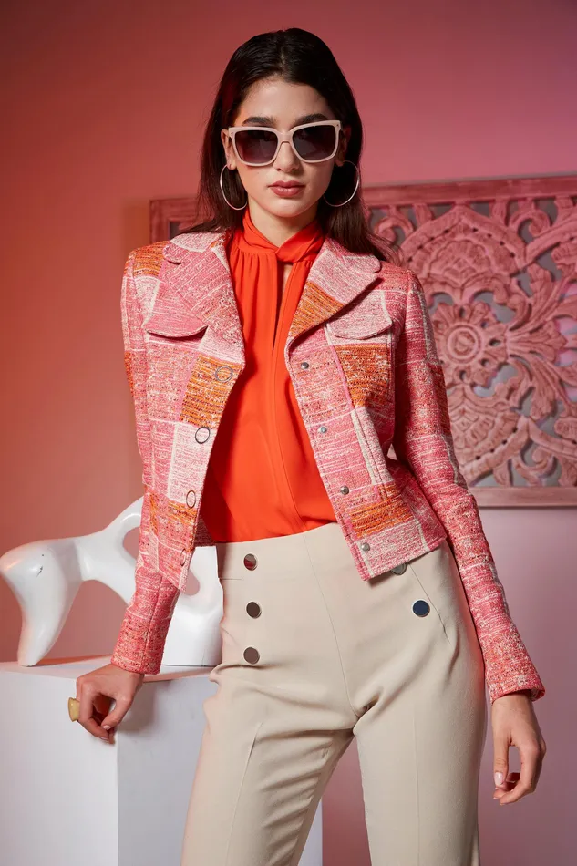 Jackets and Blazers Women Elie Tahari Cropped Plaid Jacket PINK MULTI