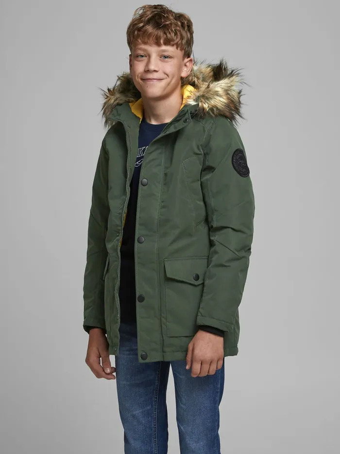Jackets JACK and JONES Junior BOYS FAUX FUR HOOD PARKA Green Forest Night