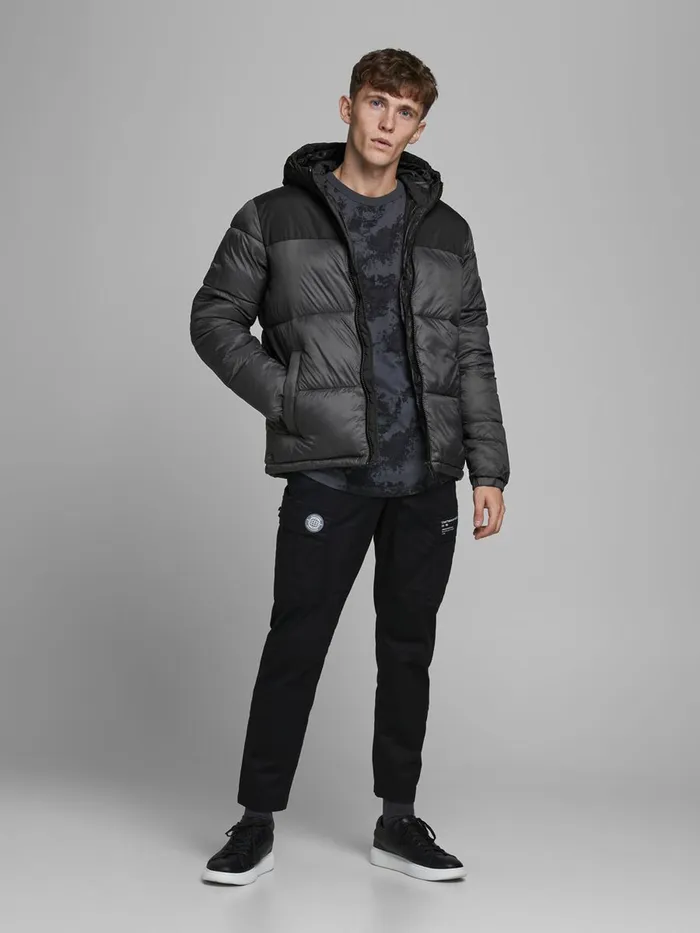 Jackets JACK and JONES Mens HOODED PUFFER JACKET Grey Asphalt