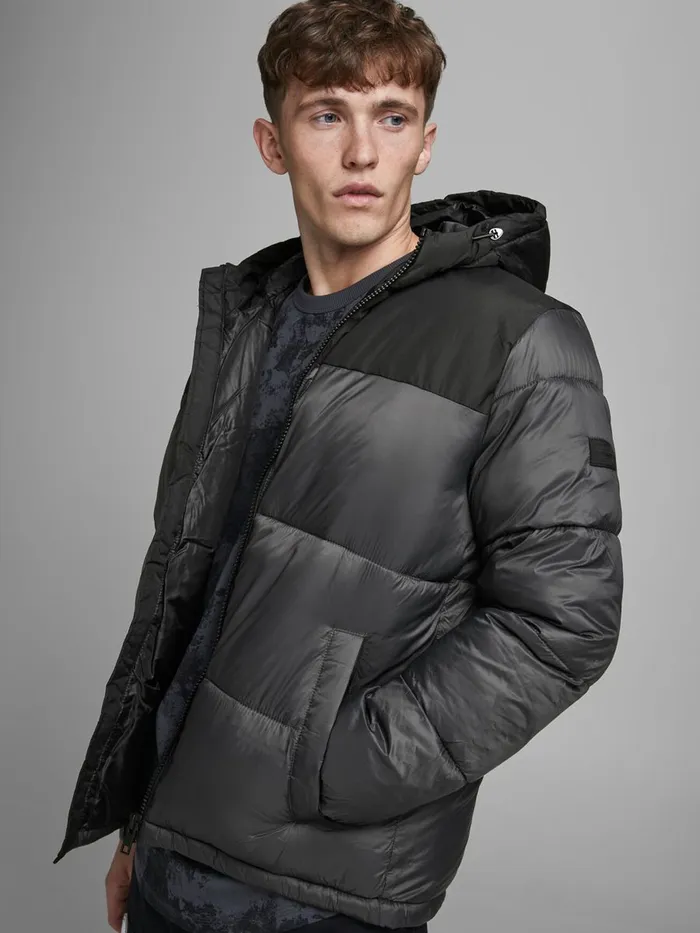 Jackets JACK and JONES Mens HOODED PUFFER JACKET Grey Asphalt