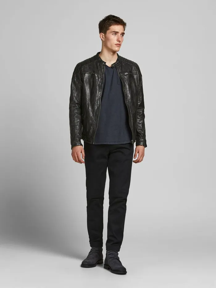 Jackets JACK and JONES Mens MINIMALIST LEATHER JACKET Black Black