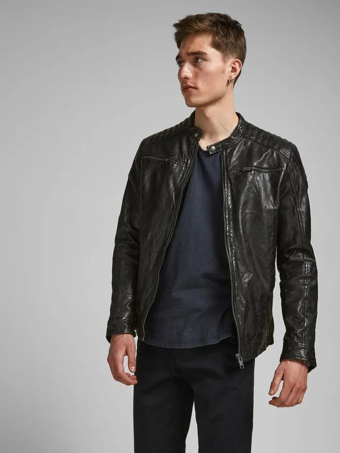 Jackets JACK and JONES Mens MINIMALIST LEATHER JACKET Black Black