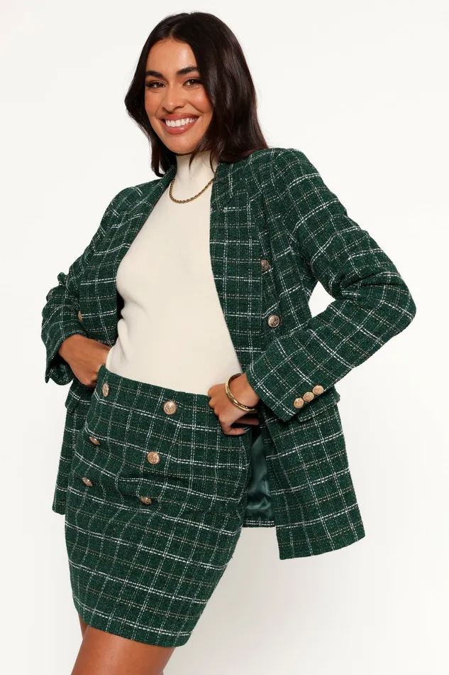 Jules Twill Plaid Blazer Green Women Jackets and Coats Petal and Pup