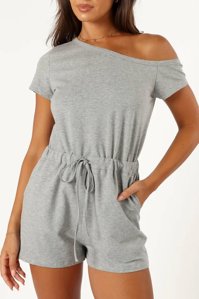 Jumpsuits and Rompers Cecilia Off Shoulder Romper Grey Petal and Pup Women