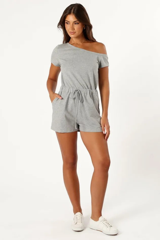 Jumpsuits and Rompers Cecilia Off Shoulder Romper Grey Petal and Pup Women
