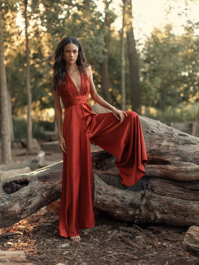 Jumpsuits and Rompers Orange Ruched Halter Top Wide Leg Satin Jumpsuit Rust Mac Duggal Women Jumpsuits and Rompers Orange Ruched Halter Top Wide Leg Satin Jumpsuit Rust Mac Duggal Women