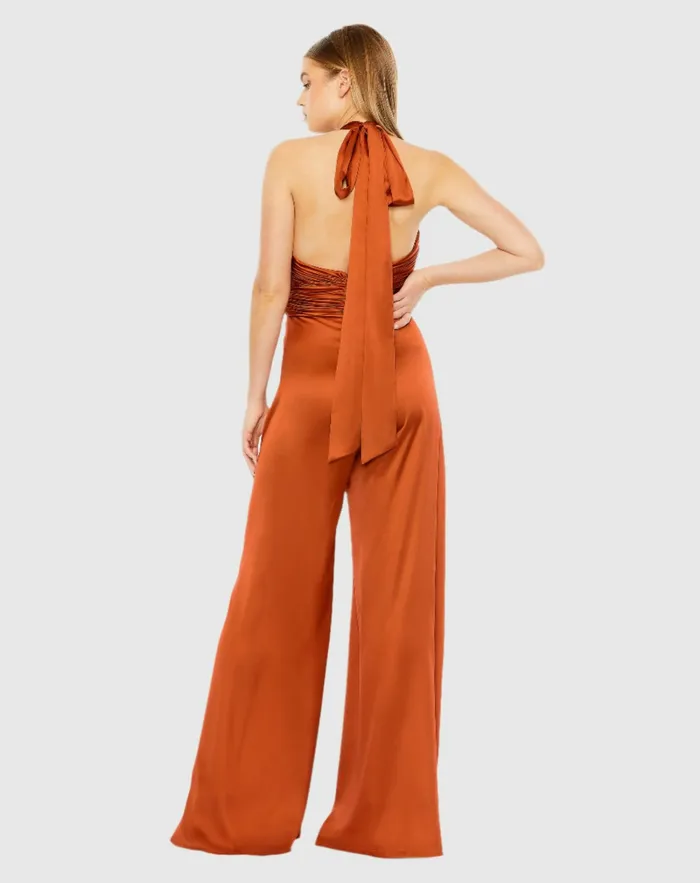 Jumpsuits and Rompers Orange Ruched Halter Top Wide Leg Satin Jumpsuit Rust Mac Duggal Women Jumpsuits and Rompers Orange Ruched Halter Top Wide Leg Satin Jumpsuit Rust Mac Duggal Women