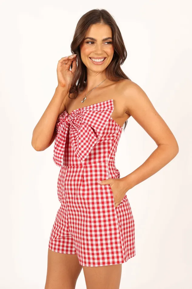 Jumpsuits and Rompers Petal and Pup Women Bambi Bow Romper RedWhite