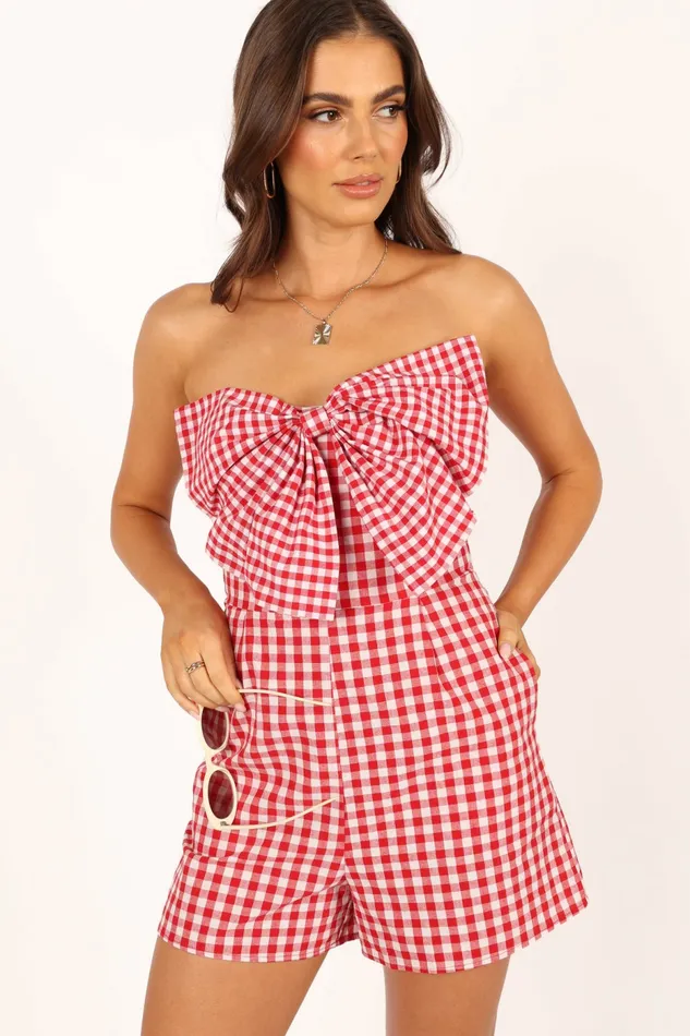 Jumpsuits and Rompers Petal and Pup Women Bambi Bow Romper RedWhite