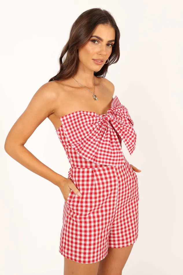 Jumpsuits and Rompers Petal and Pup Women Bambi Bow Romper RedWhite