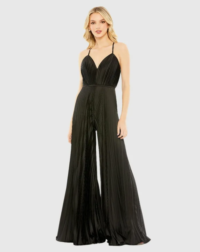 Jumpsuits and Rompers Women Black Pleated Plunge Neck Wide Leg Jumpsuit Black Mac Duggal