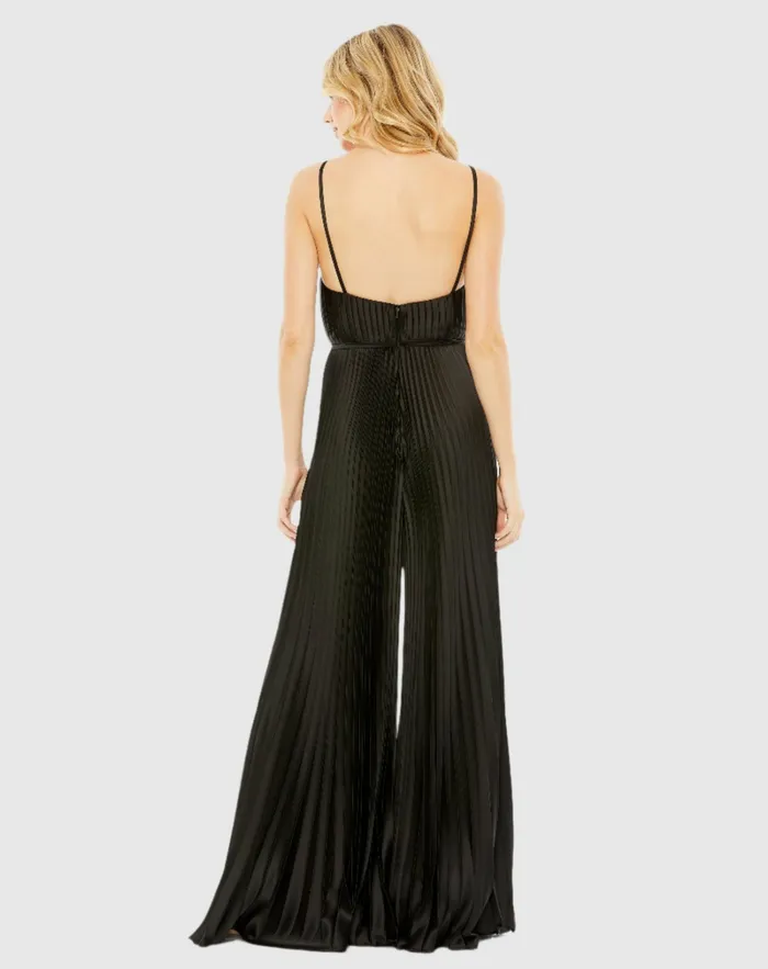 Jumpsuits and Rompers Women Black Pleated Plunge Neck Wide Leg Jumpsuit Black Mac Duggal