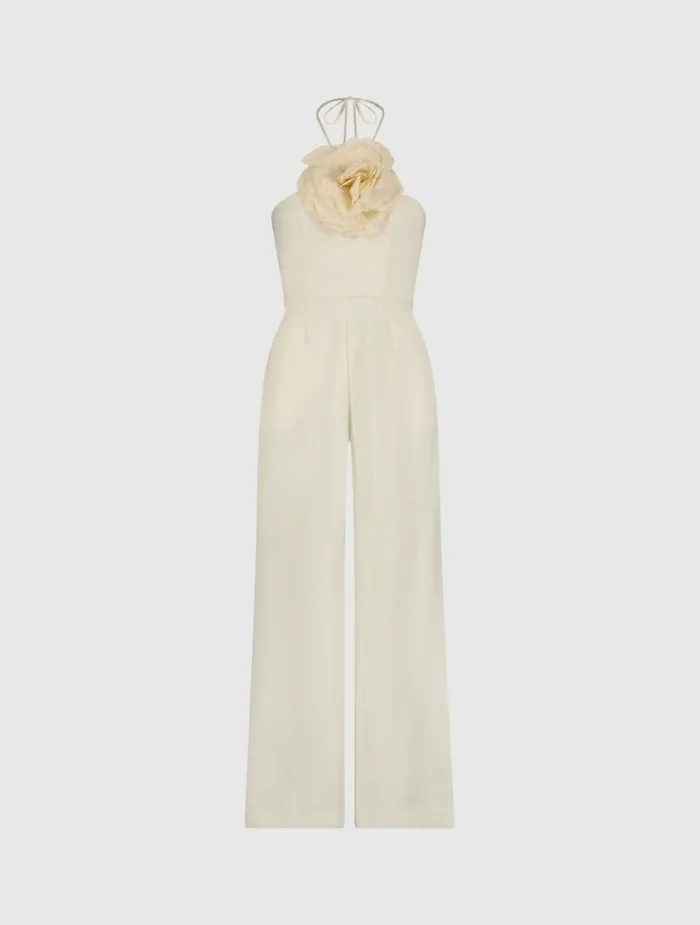 Jumpsuits and Rompers Women Crepe Halter Neck Jumpsuit With Flower Ivory Mac Duggal