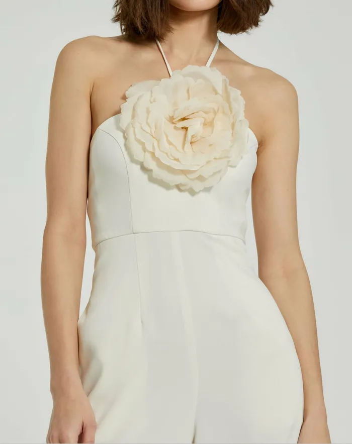 Jumpsuits and Rompers Women Crepe Halter Neck Jumpsuit With Flower Ivory Mac Duggal