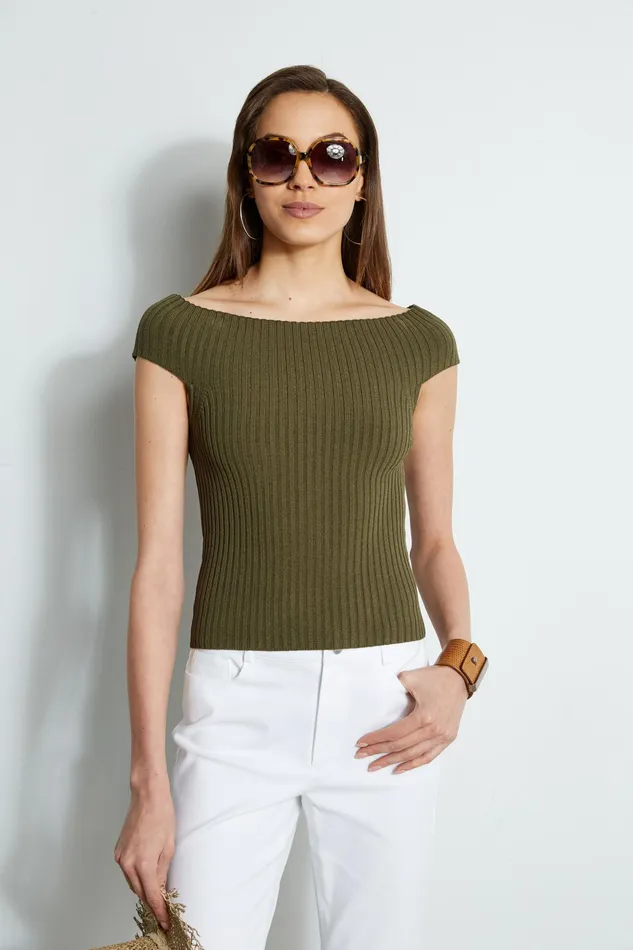 Knits and Sweaters Women Elie Tahari Off Shoulder Rib Sweater TUSCAN OLIVE